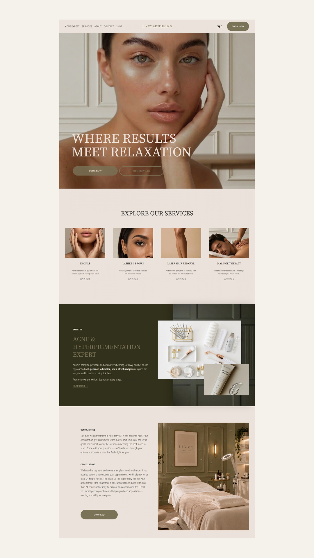 Website homepage for Livvy Aesthetics featuring a large portrait of a woman with clear skin at the top, followed by sections about services like facials, laser hair removal, and massage therapy, and a lower section with a picture of a spa room and skincare products.
