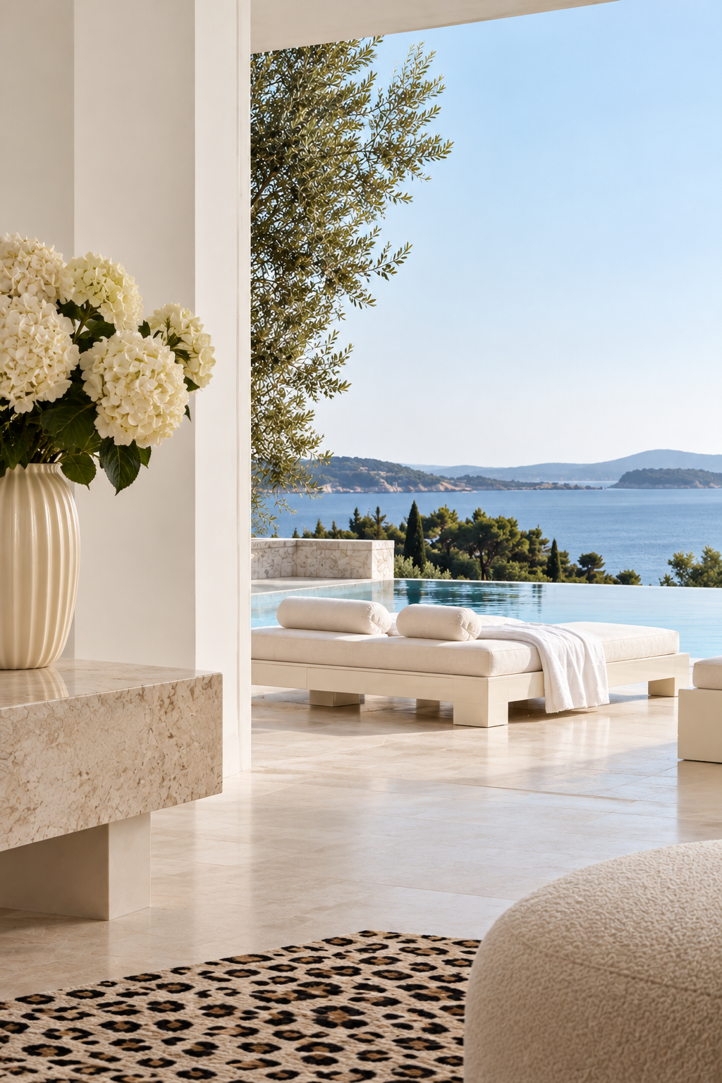 A luxurious indoor space with a vase of white hydrangeas on a marble table, overlooking an outdoor infinity pool, lush trees, and a scenic view of a body of water and distant hills.