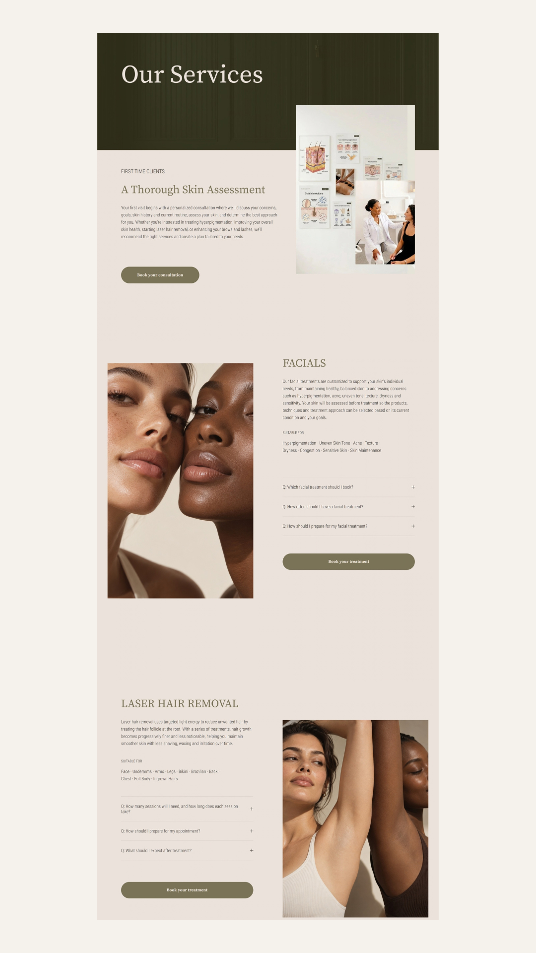 Webpage layout for a skincare clinic offering services like skin assessment and facial treatments, with images of diverse women with clear skin and a consultation room image.