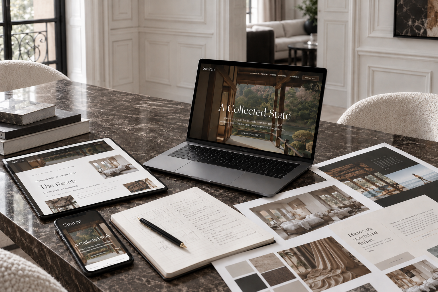 A work desk with a laptop, tablet, and smartphone displaying real estate website images, along with notebooks, printed sheets, and a pen, set in a stylish room.