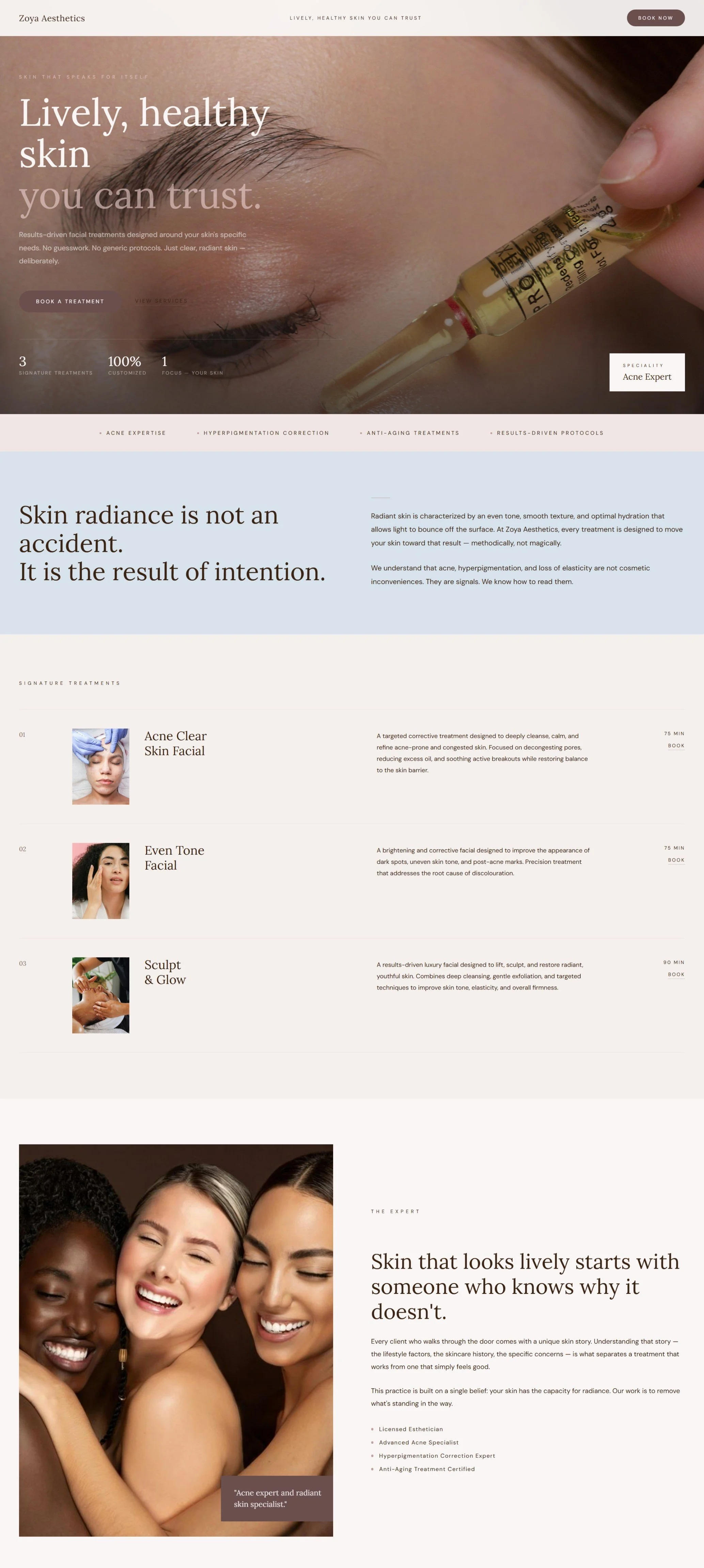 Website homepage for Zoya Aesthetics featuring a close-up of a person's face with a focus on smooth skin, a syringe being applied near their eye, and images of diverse women smiling with healthy skin.