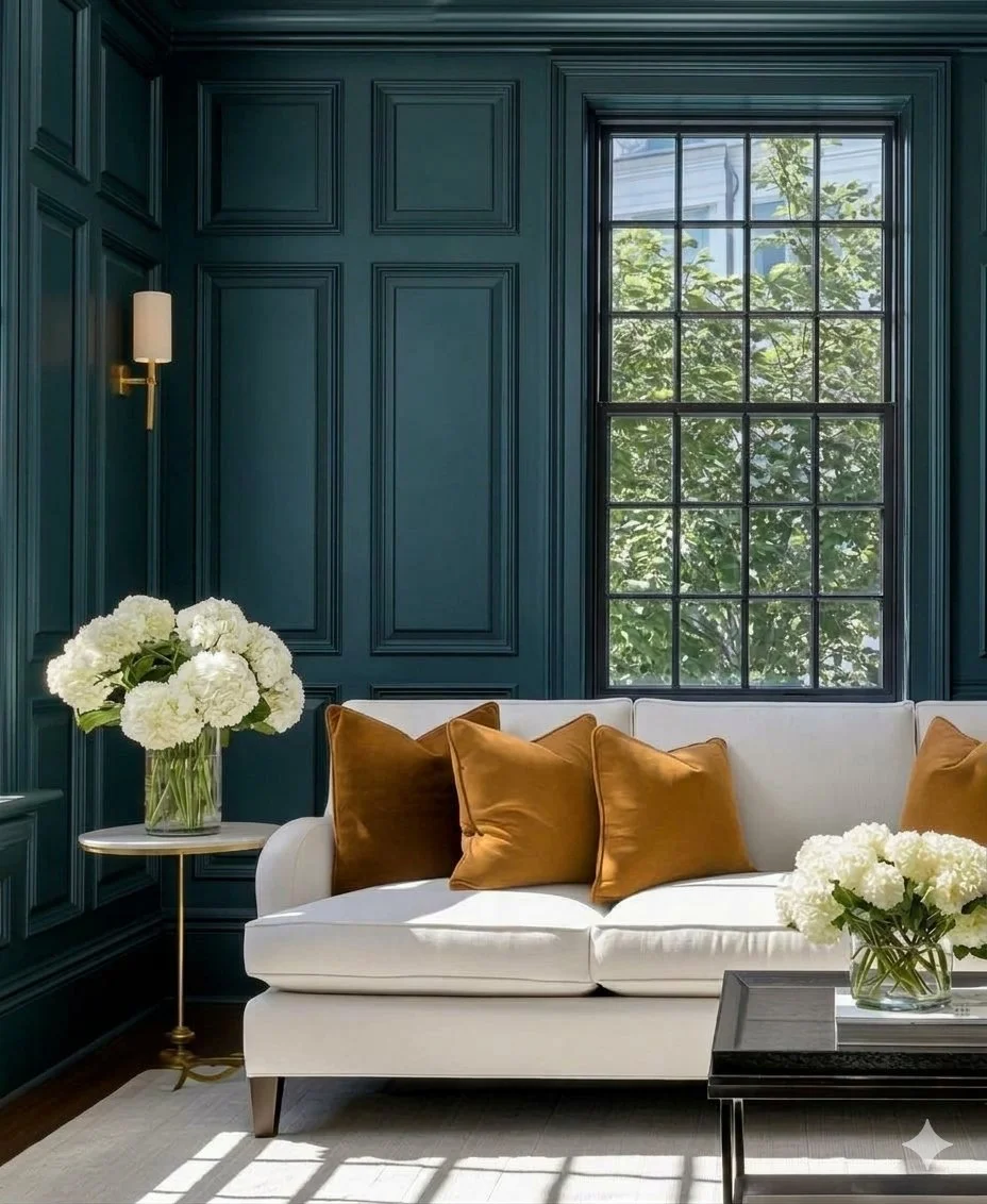 Interior living room with teal paneled walls, large window with greenery outside, a white sofa with brown pillows, a side table with white flowers, and a black coffee table.