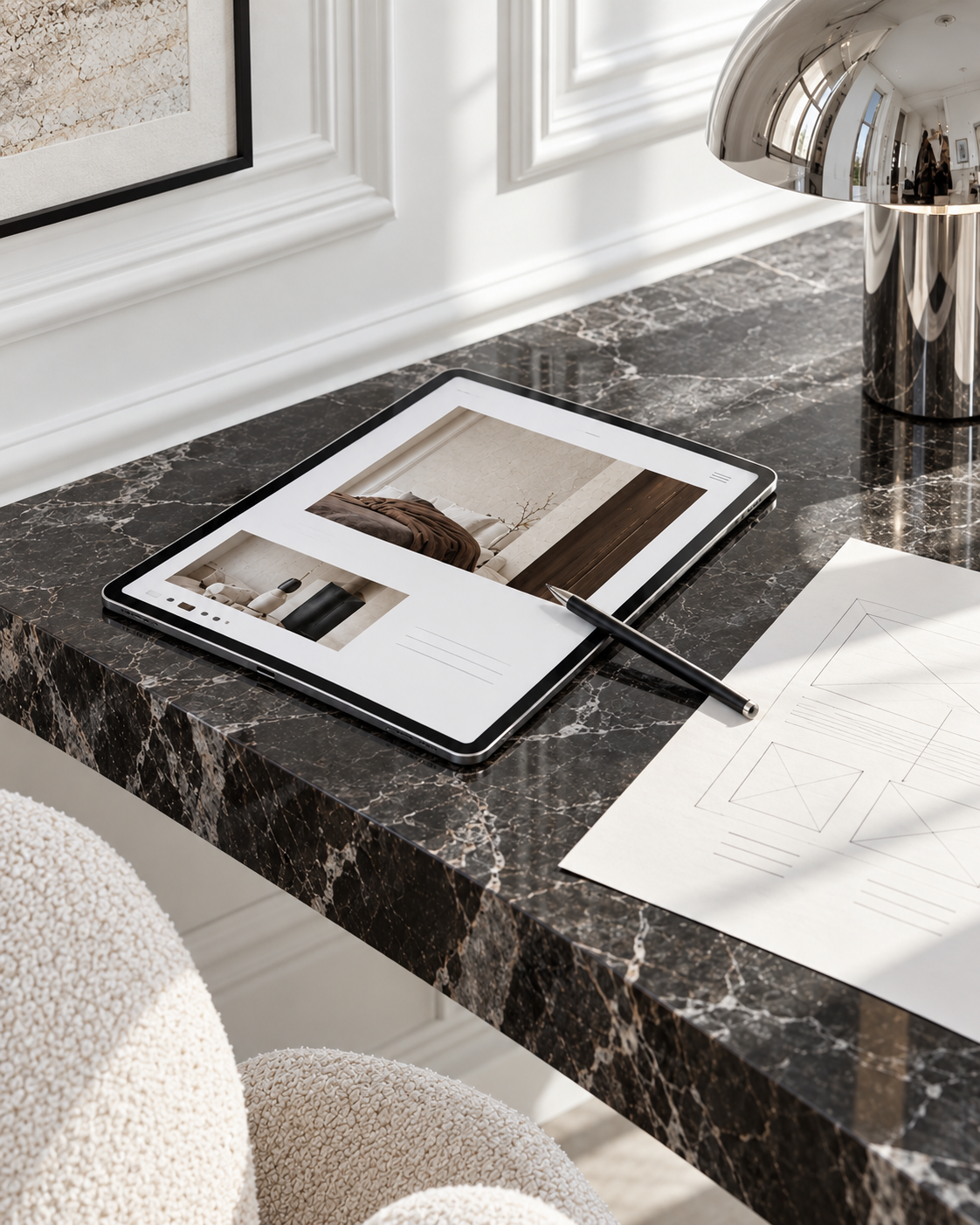 A tablet displaying interior design images is on a black marble desk with a black and gold pen next to it. A chrome table lamp is on the right, and a piece of paper with sketches is on the desk. The background shows white walls with detailed molding and a framed artwork.