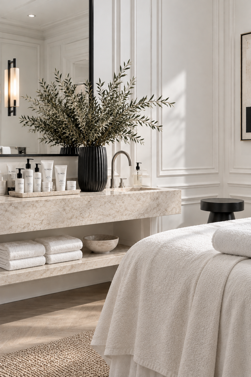 A bedroom with a marble top counter holding towels, toiletries, and a large potted plant with dark gray vase. White walls with framed art, a black stool, and a bed with white linens.