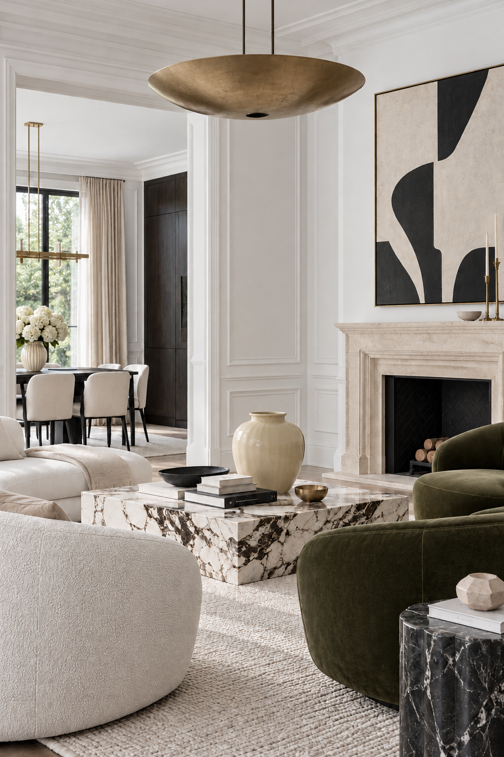 A modern living room with a white sofa, green velvet armchair, and black-and-white marble coffee table decorated with vases and books. In the background, a dining area features a black table, beige chairs, and a floral centerpiece near a large window. A large abstract painting hangs above the fireplace, which contains stacked logs, and a gold pendant light fixture hangs from the ceiling.