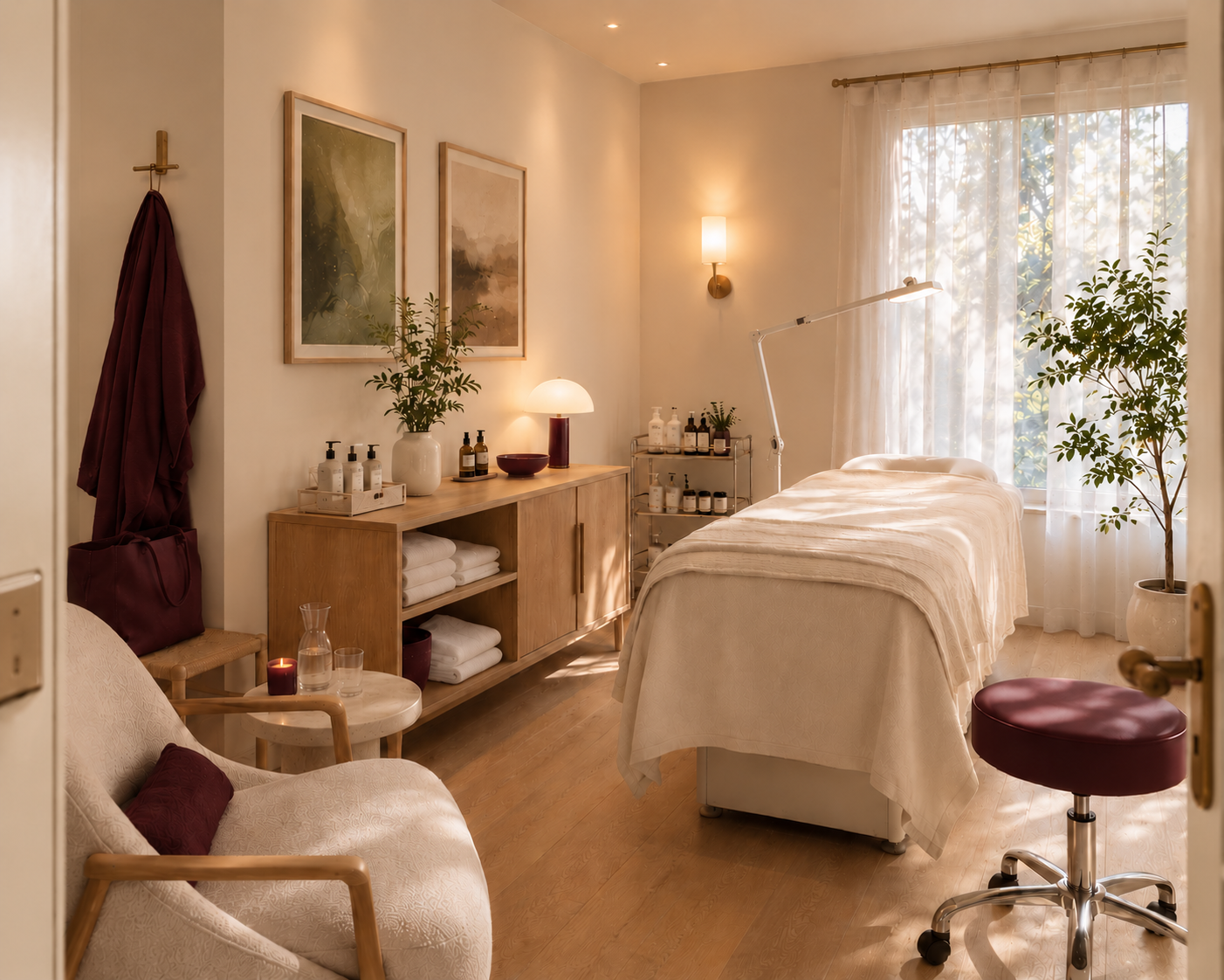 Spa room with massage bed, wooden furniture, potted plants, and soft lighting.