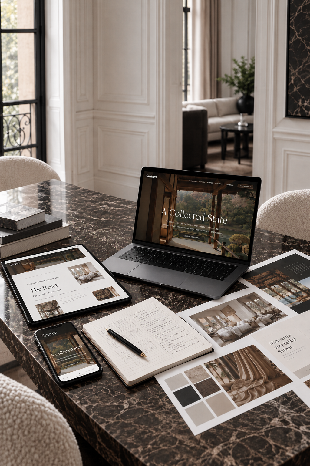 A desk with a marble surface holding a laptop, a tablet, a smartphone, some printed images, and a notebook with a pen. The background shows a living room with sofas, a black table, and large windows in a bright, elegant space.