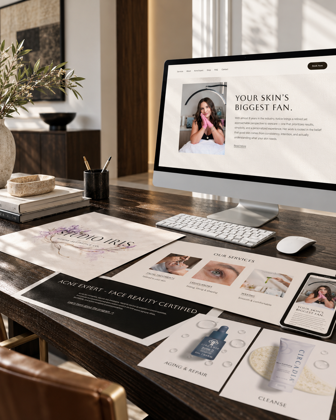 Workspace with a computer displaying a skincare website, brochures for skincare products and services, a smartphone, and office supplies on a wooden desk with sunlight streaming in.