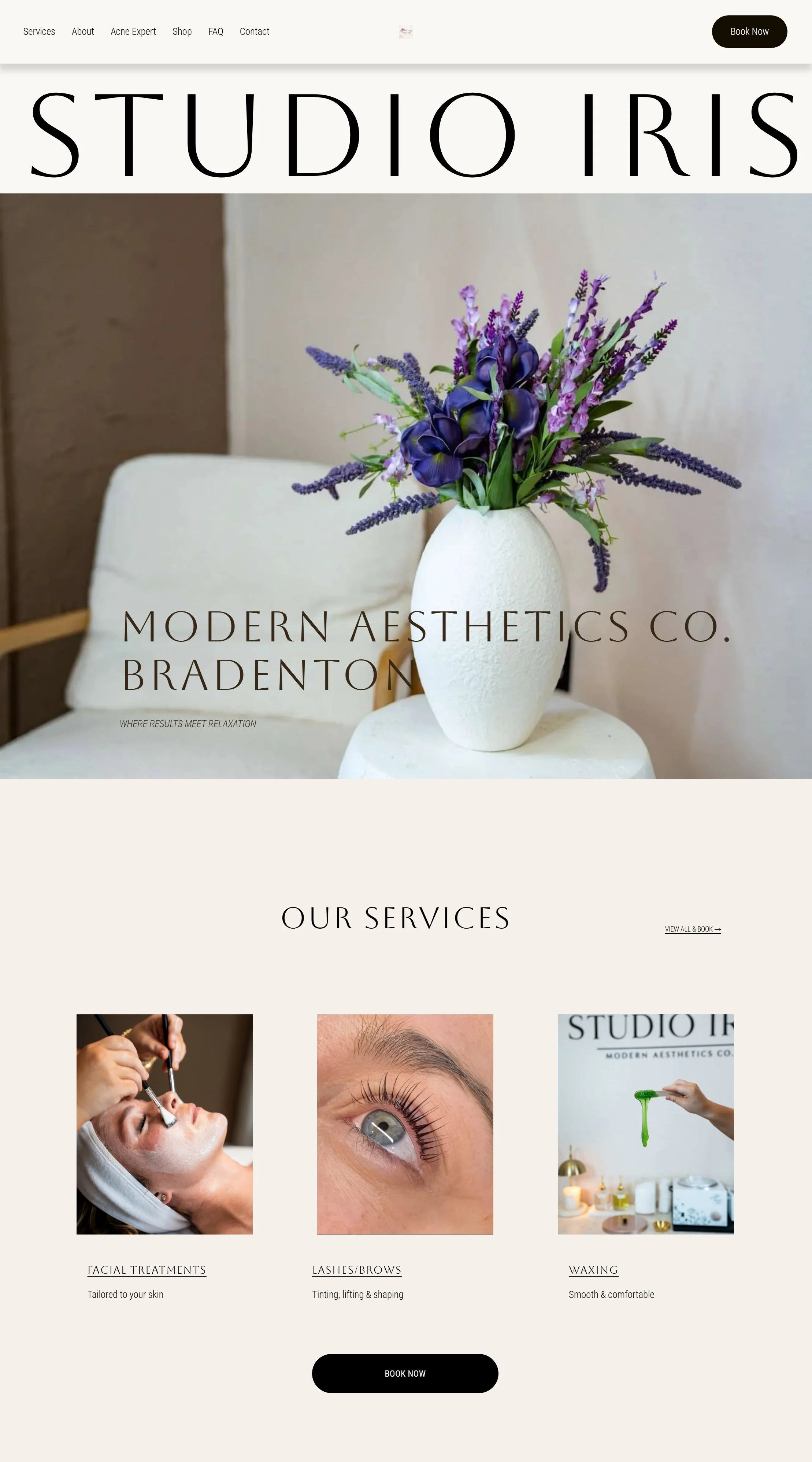 Homepage of Modern Aesthetics Co. Bradenton featuring a flower arrangement with purple flowers in a white vase, and sections detailing facial treatments, lashes/brows, and waxing services.
