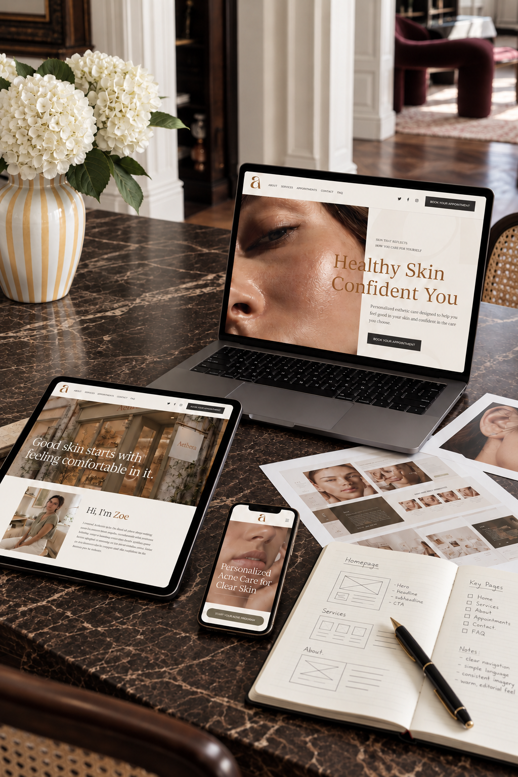 Laptop, tablet, smartphone, and printed materials on a marble table in a home setting, promoting skincare and beauty services.