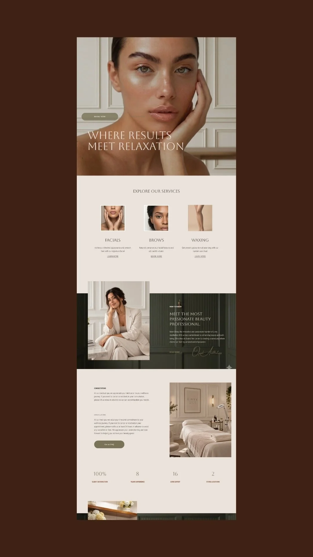 A wellness spa website homepage featuring a woman with flawless skin at the top, section for services like facials, brows, and waxing, and a professional woman in a white suit sitting in an elegant room with a description of the spa and its founder, along with images of a treatment room and spa details.
