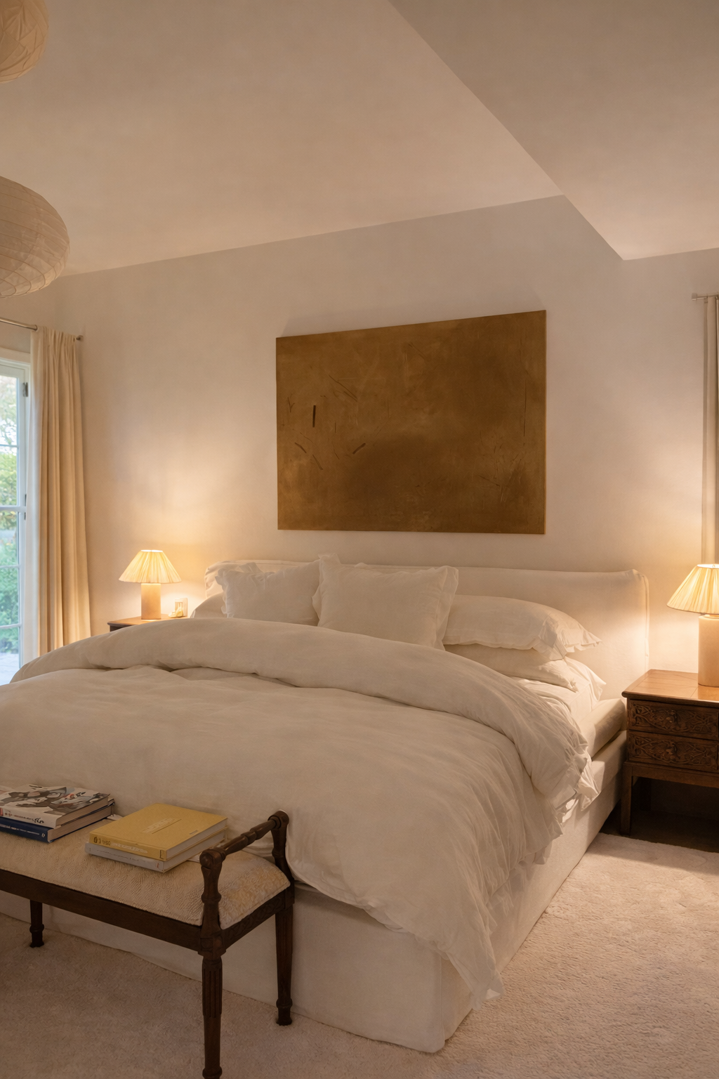 Cozy bedroom with white linen bed, wooden nightstands, warm lighting, and abstract art showcasing elegant modern bedroom design.