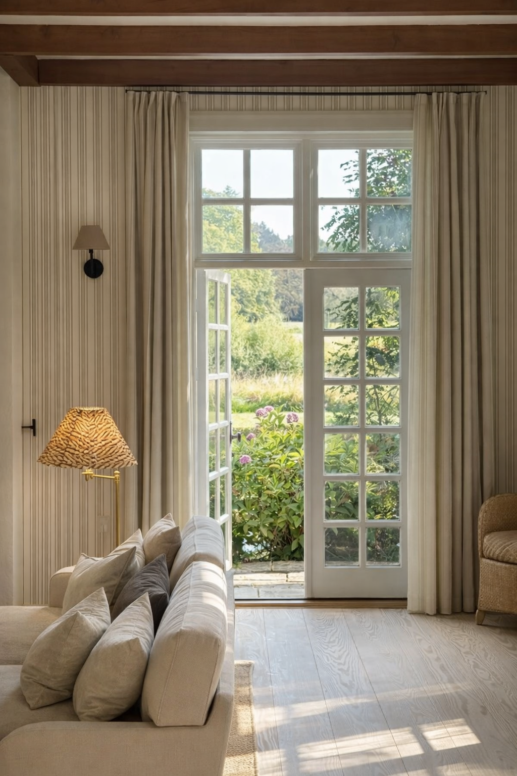 Bright living room with French doors to the garden, beige sofa, striped wallpaper, and warm natural light showcasing elegant, timeless indoor-outdoor design.