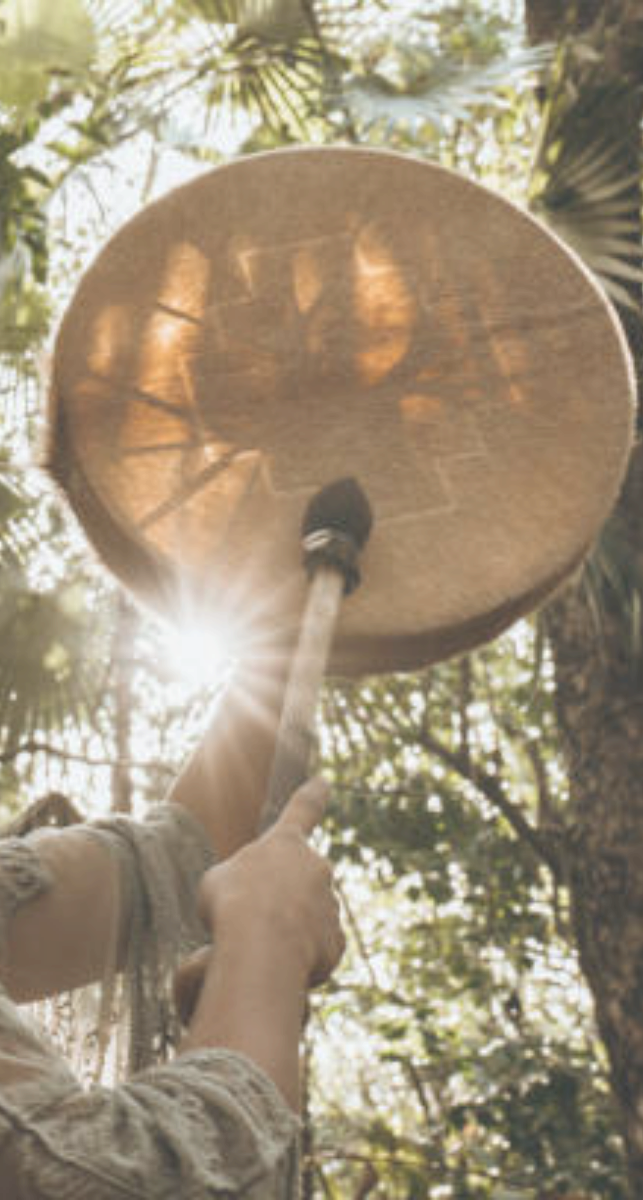 Person holding a drumstick hitting a large drum outdoors with sunlight and trees in the background.