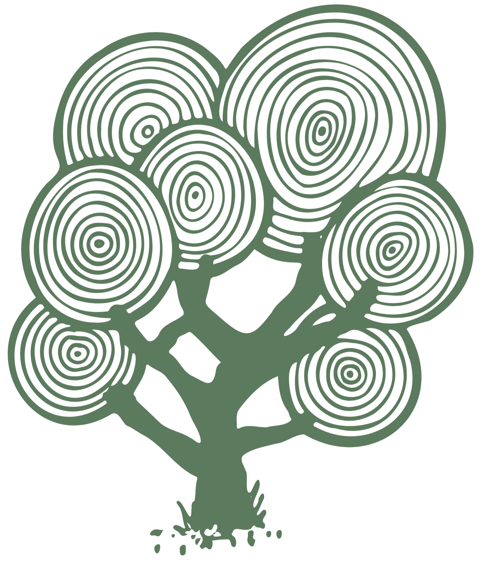 A digital illustration of a tree with circular, concentric rings resembling tree rings, with the rings forming the foliage, and a thick stem at the bottom.