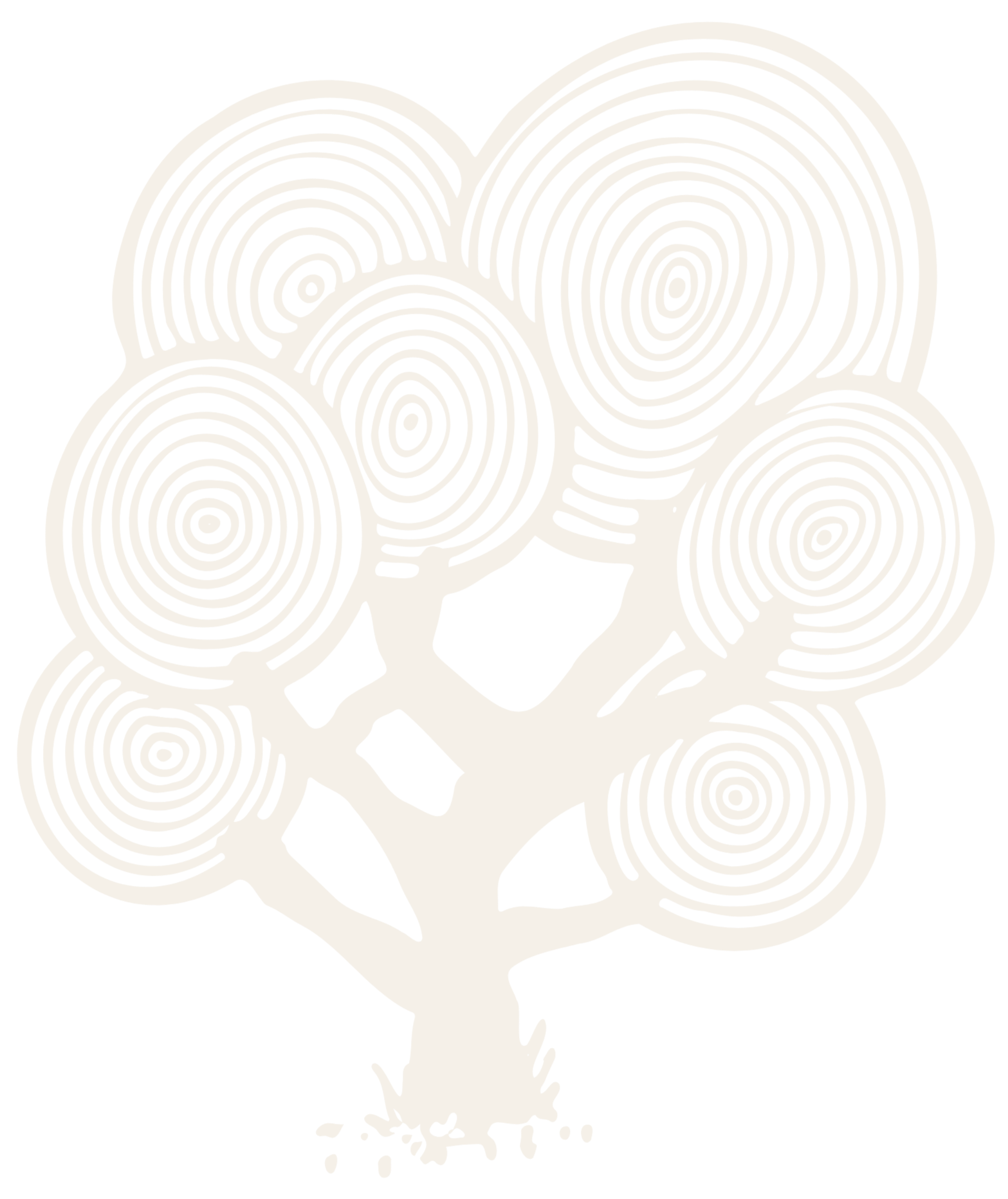Outline drawing of a tree with circular tree rings in place of foliage, with some debris or dirt at the base.