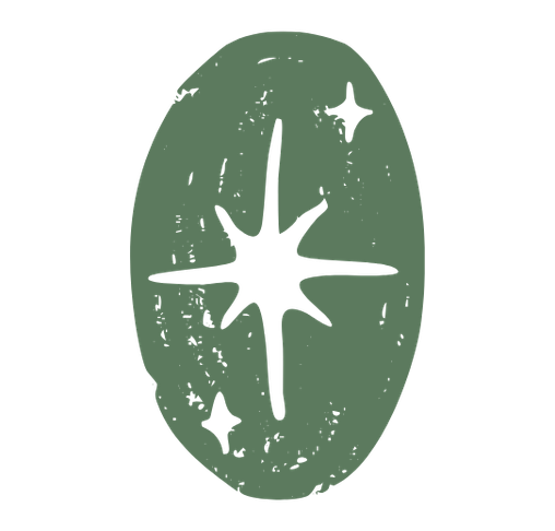 A stylized green oval with black star-shaped designs and a central starburst pattern.