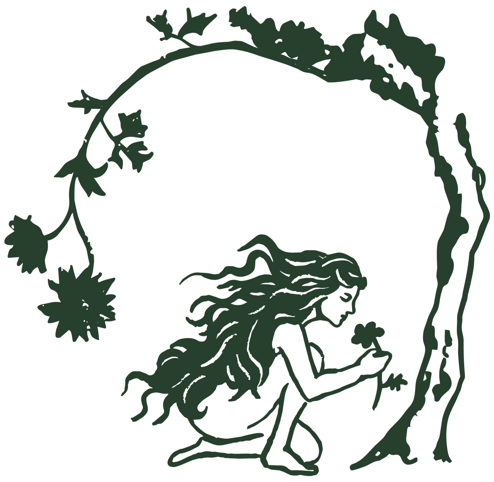 side view of a woman kneeling down holding a flower at the base of a tree.