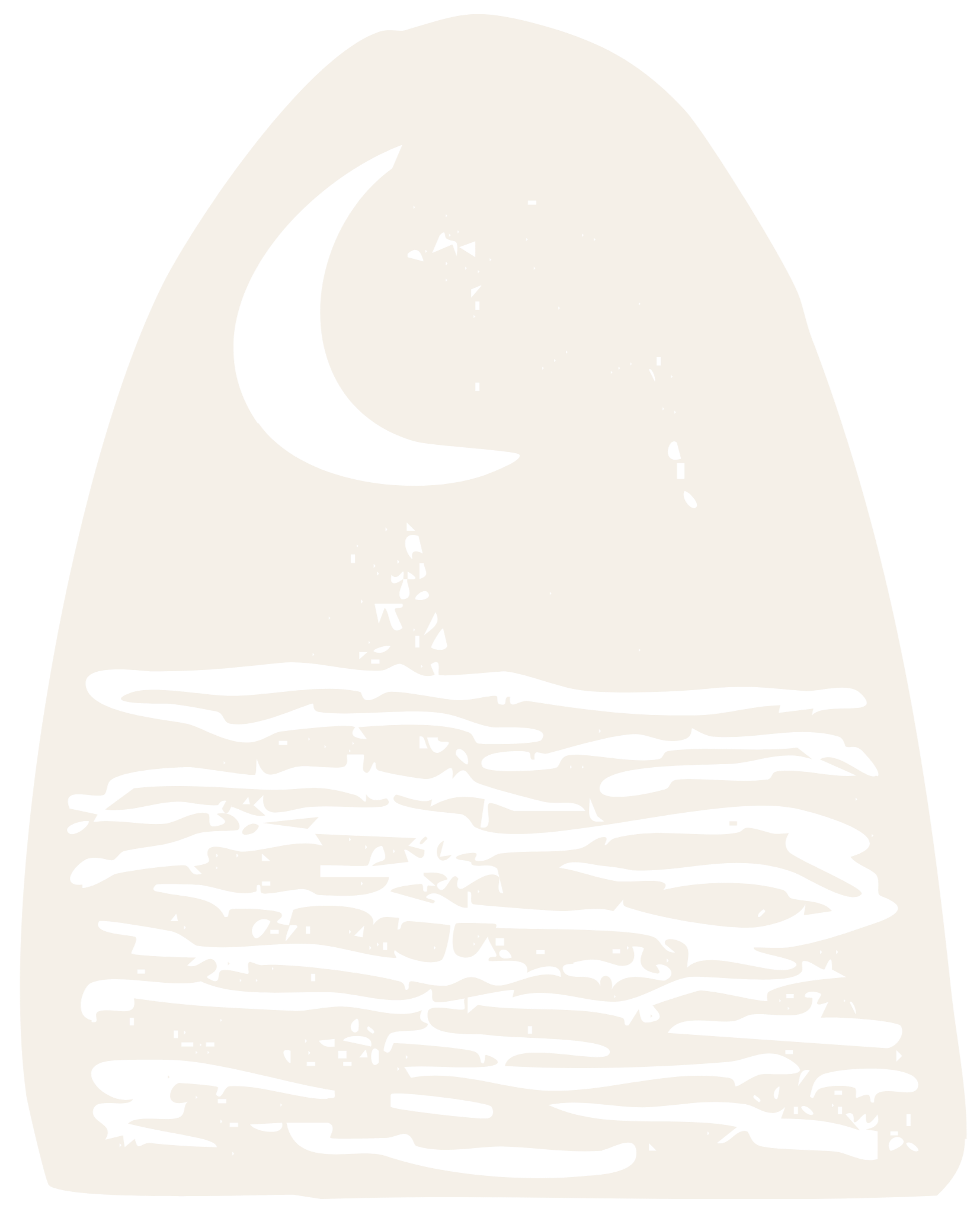 A black-and-white line drawing of body of water and a crescent moon on top.