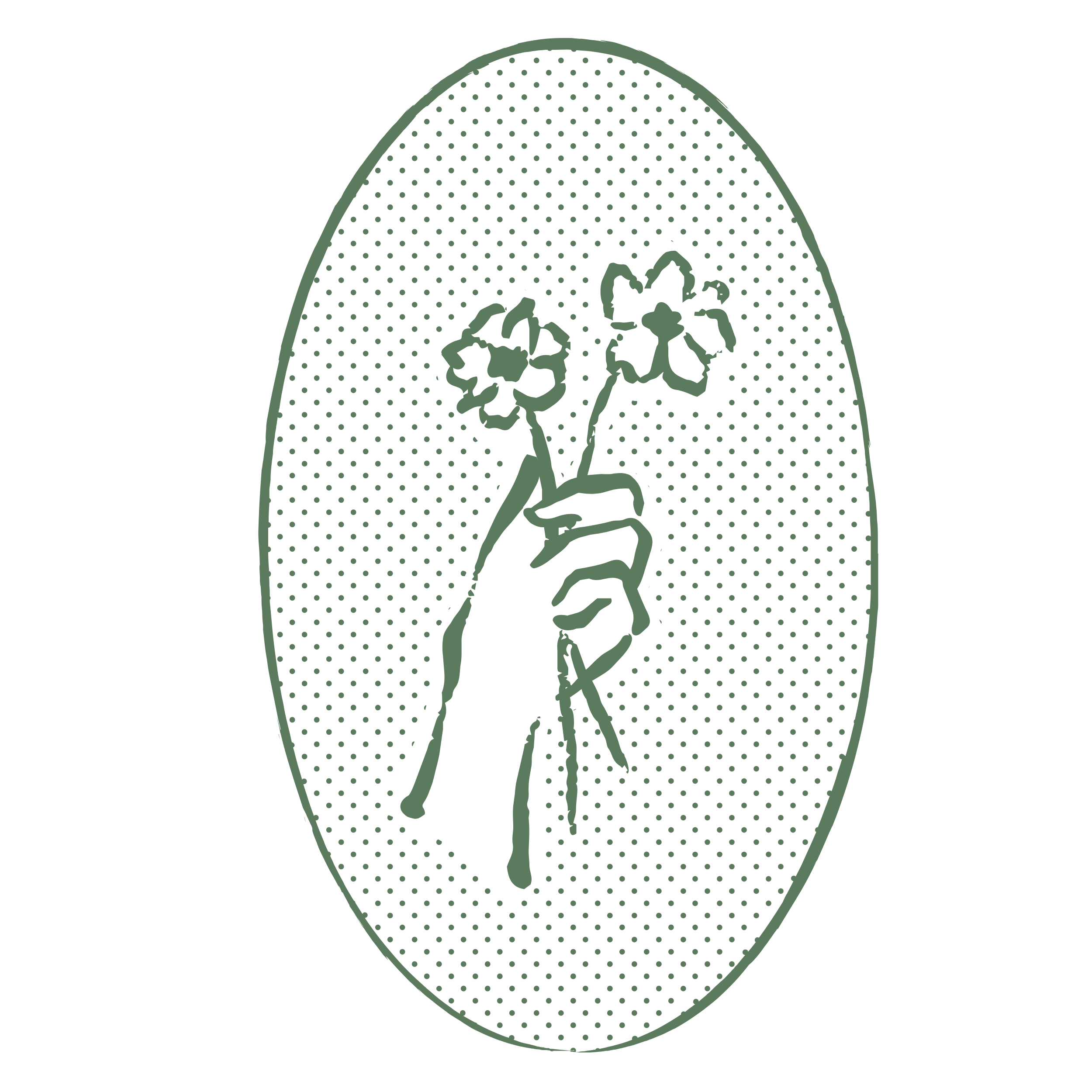 drawing of a hand holding 2 flowers, green color