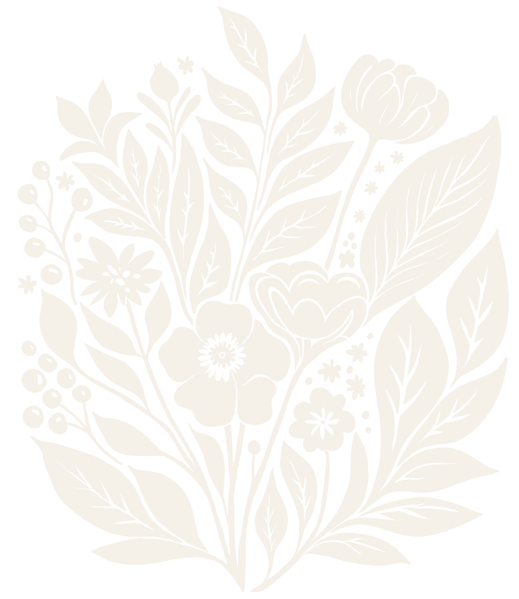 Black and white floral design with various flowers, leaves, and small decorative elements arranged in a stylized pattern.