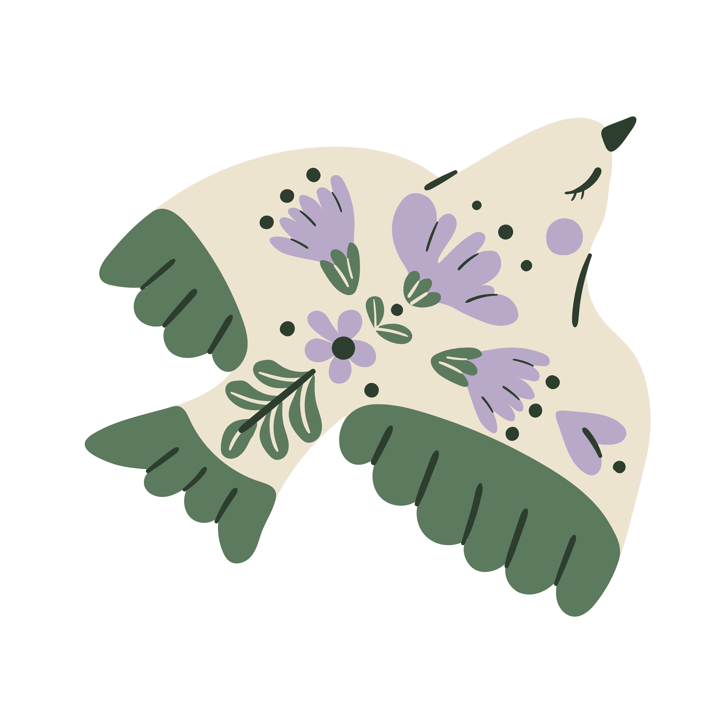 Decorative bird with floral and leaf cutouts and a purple paper flower attached to a thin stick.