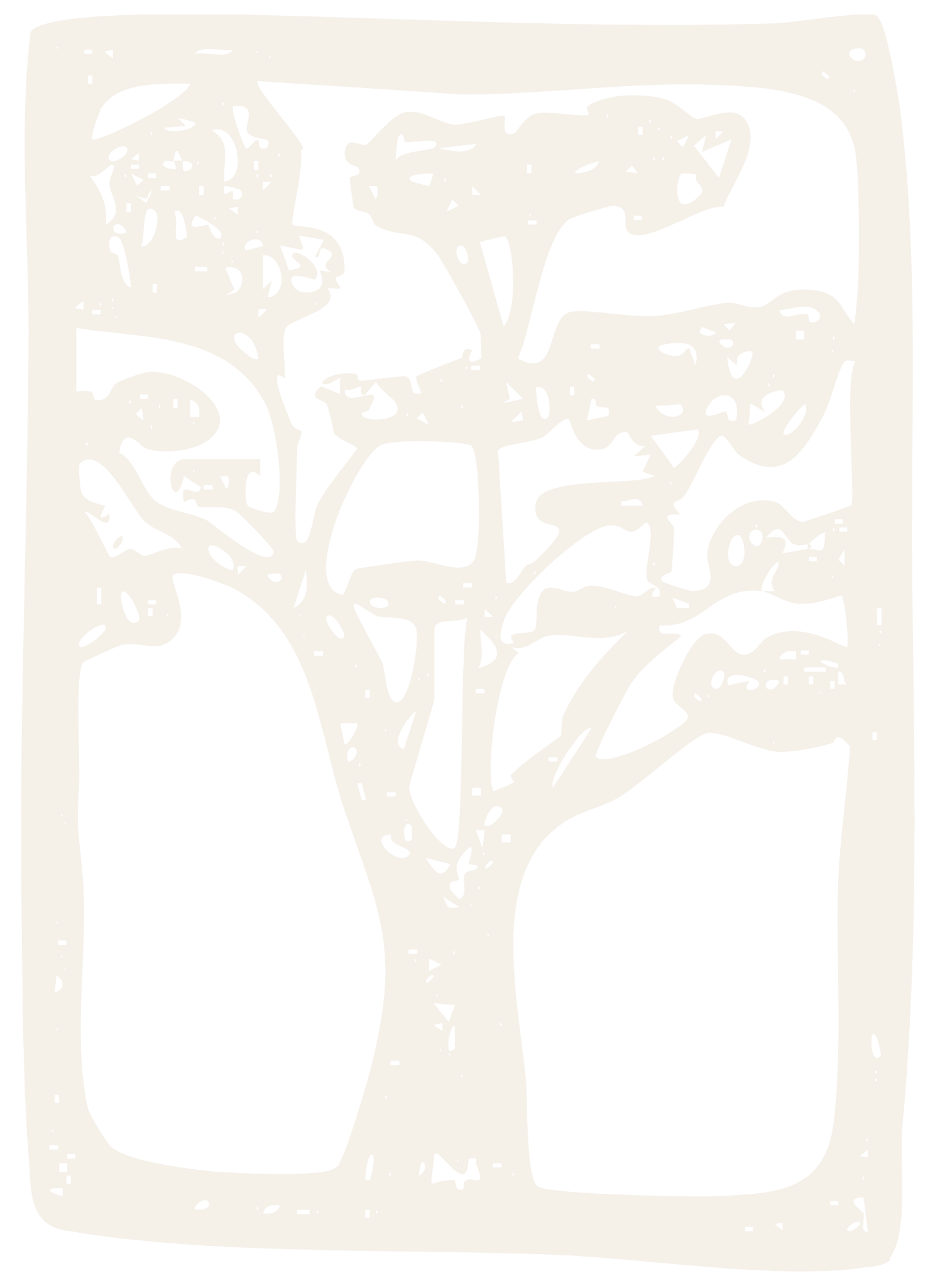 Black and white stencil art depicting a tree and abstract shapes within a square border.
