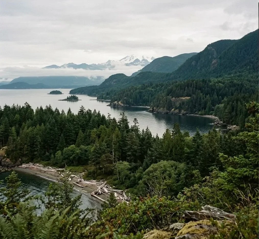 A scenic view of a large body of water surrounded by dense green forests and mountain ranges, with some snow-capped peaks in the distance under an overcast sky.