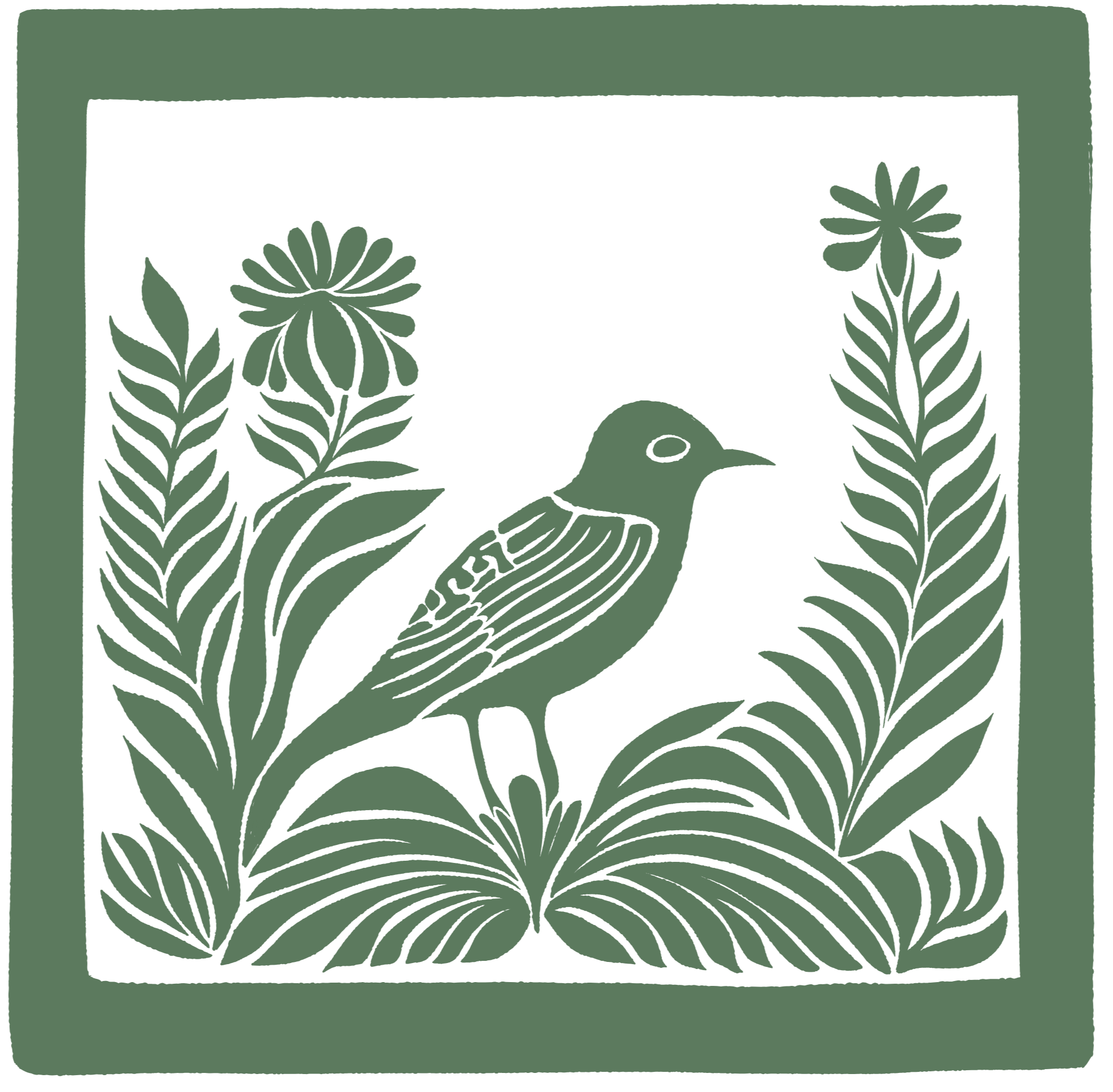 A black and green illustration of a bird sitting on a branch surrounded by decorative leaves and flowers.
