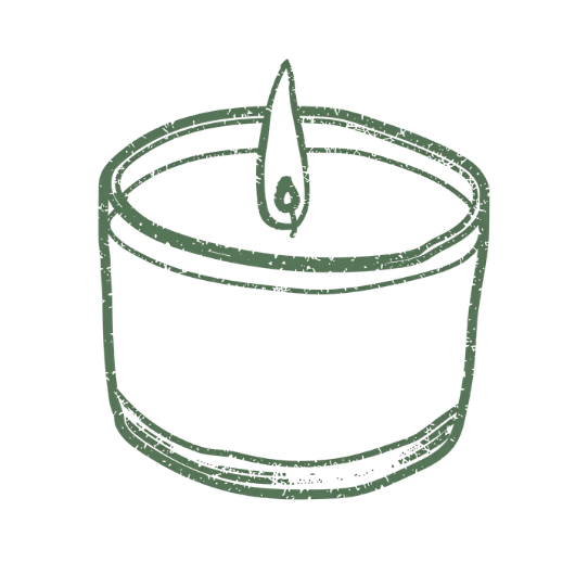 Line drawing of a lit tealight candle in a round container.