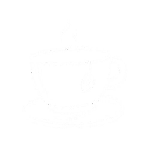 Black background with a white line drawing of a steaming cup of coffee on a saucer.