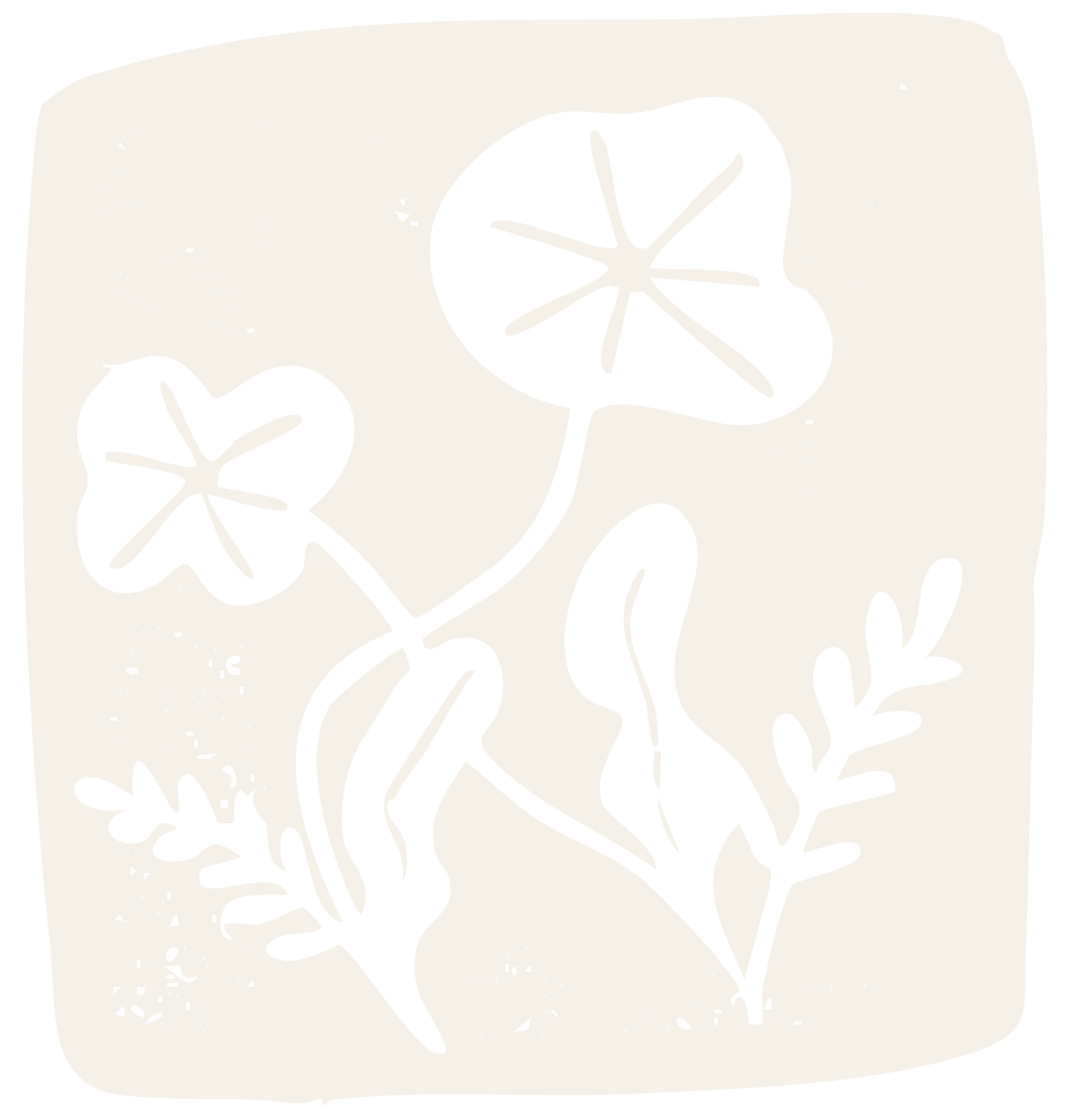 Black and white linocut illustration of floral pattern on top, featuring leaves and decorative elements.