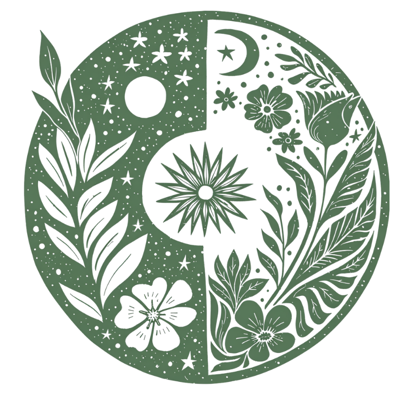 A round, yin-yang style symbol with nature-themed designs. One half features a starry night sky with a moon and planets; the other half has flowers and leaves. The design is in shades of green.