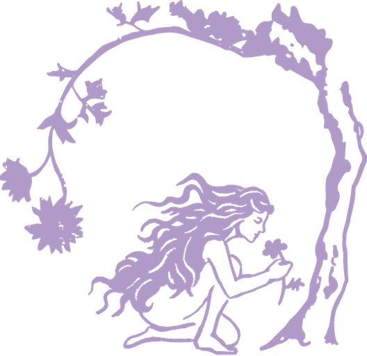 A purple outline of a lion with a flowing mane, sitting under a tree with hanging branches and leaves, holding a flower