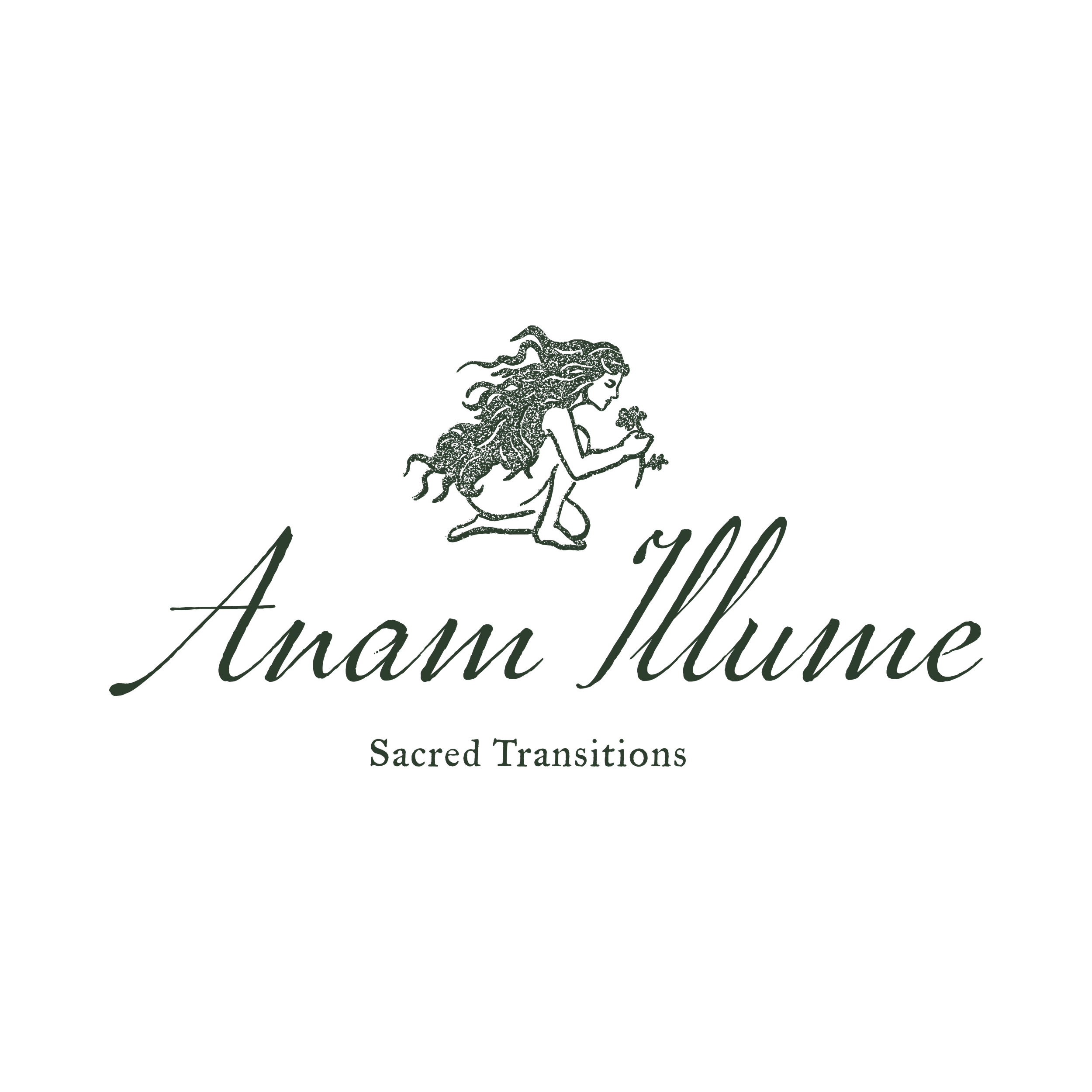 A logo for 'Anaram' with a drawing of a woman with long hair holding a four-leaf clover, with the words 'Anaram' and 'Sacred Transitions' below.