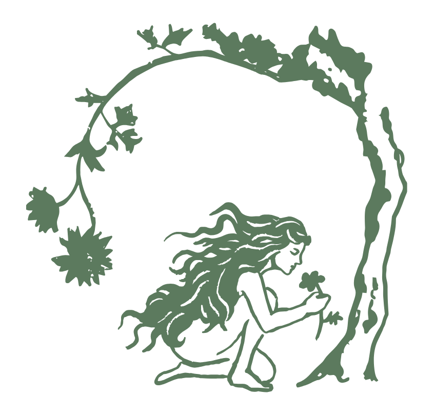 Line art illustration of a fairy with long, flowing hair, holding a small flower, kneeling beside a tree with a vine and leaves overhead.