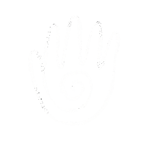 White handprint with a spiral in the palm on a black background.