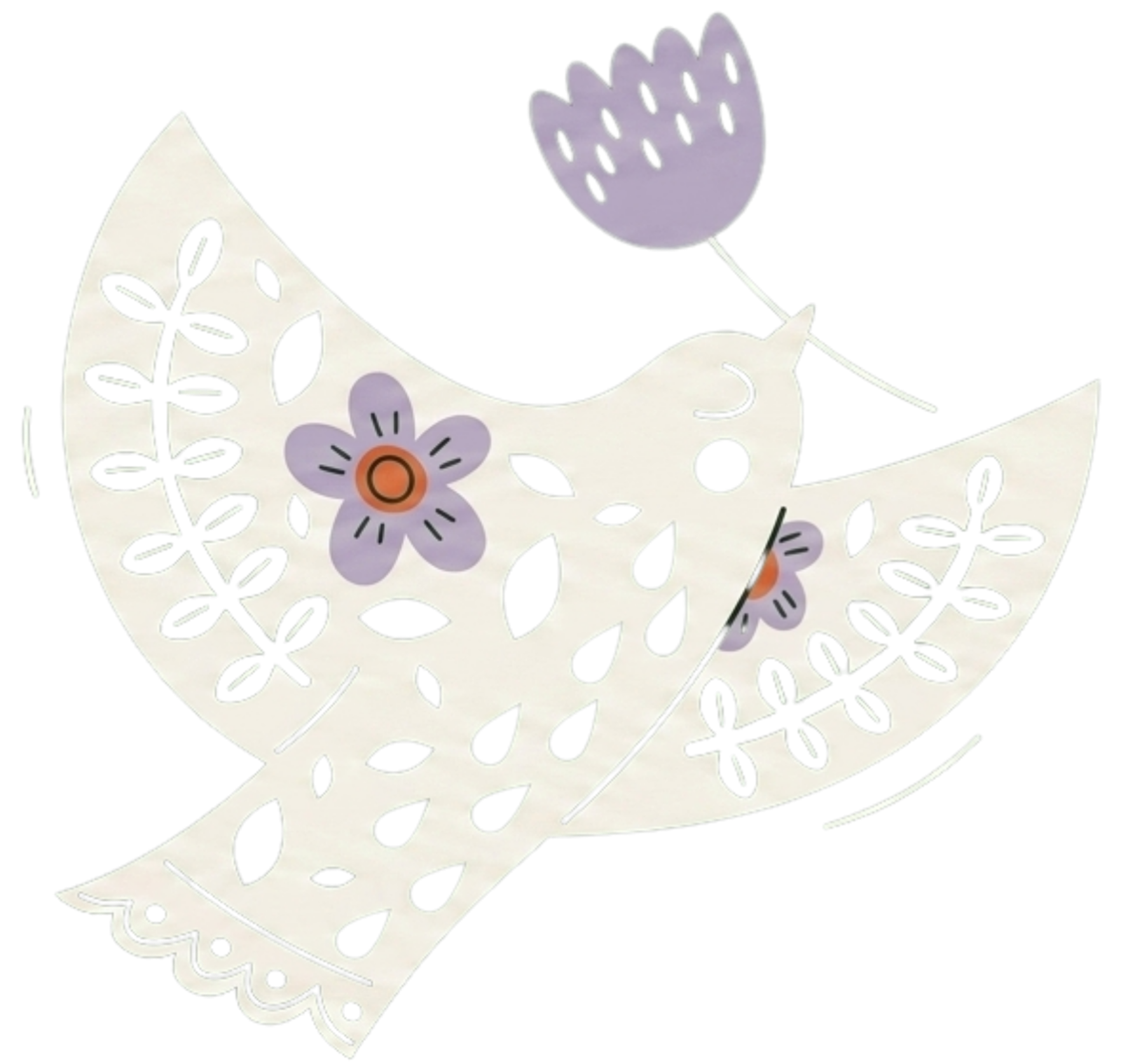 Decorative bird with floral and leaf cutouts and a purple paper flower attached to a thin stick.