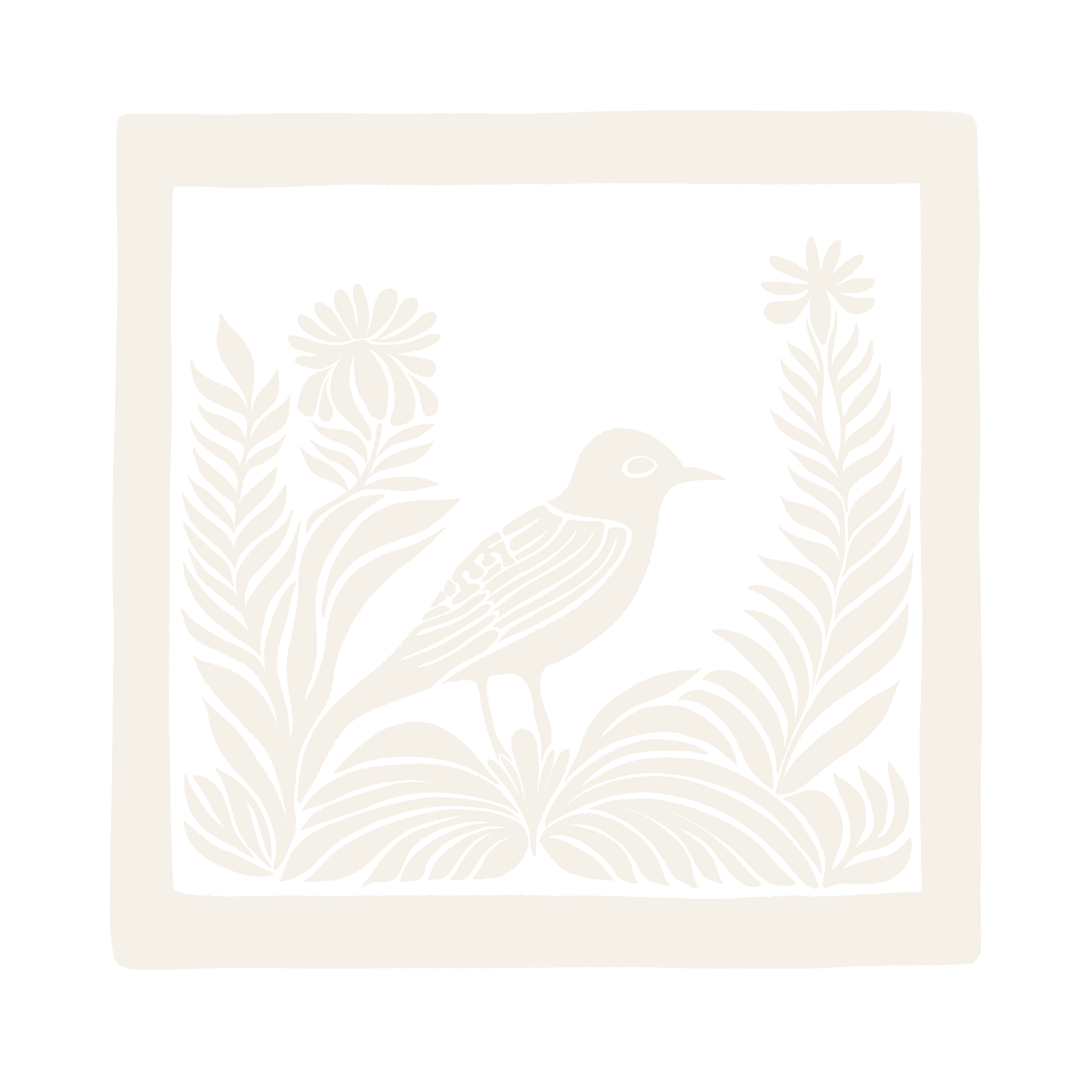 A black and white illustration of a duck with decorative floral elements and ornate border.