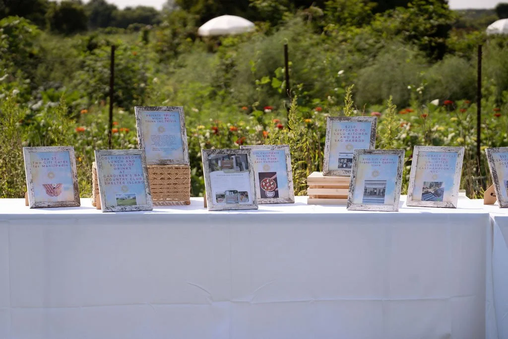 Display table with framed notices or signs, set outdoors against a garden background with stone pathways, greenery, and white domed structures.