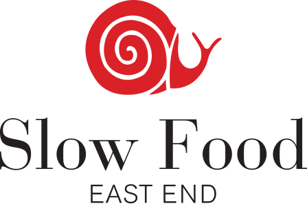 Logo for Slow Food East End featuring a red snail above the words 'Slow Food' and 'East End' on a white background.