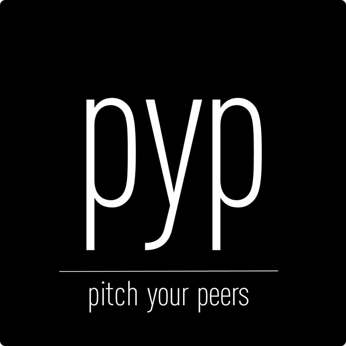 Black background with white text that reads 'pyp' and 'pitch your peers' underneath.