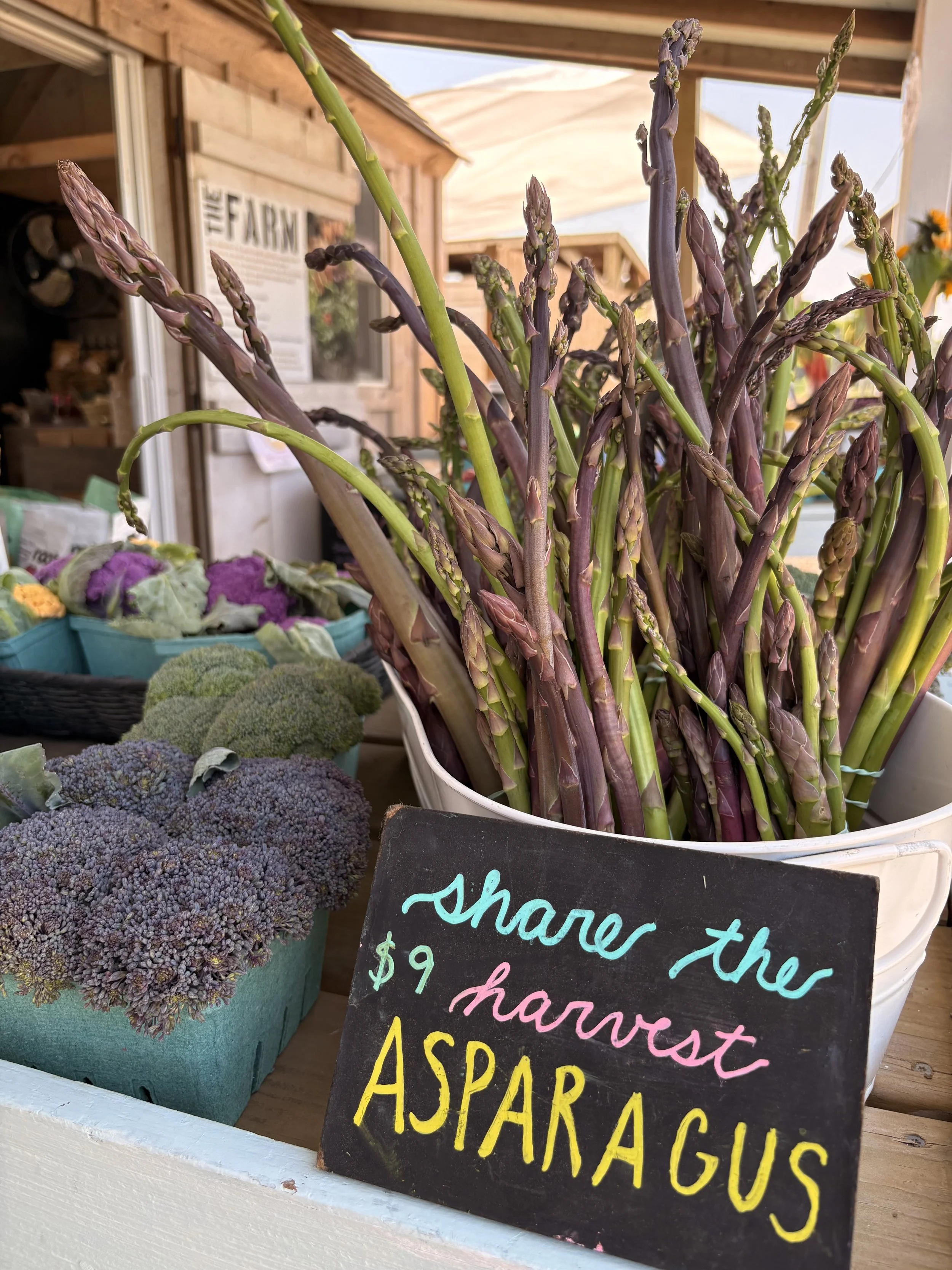 Fresh purple and green asparagus in a white container at a farmers market stall with a colorful handwritten sign advertising asparagus for $9.