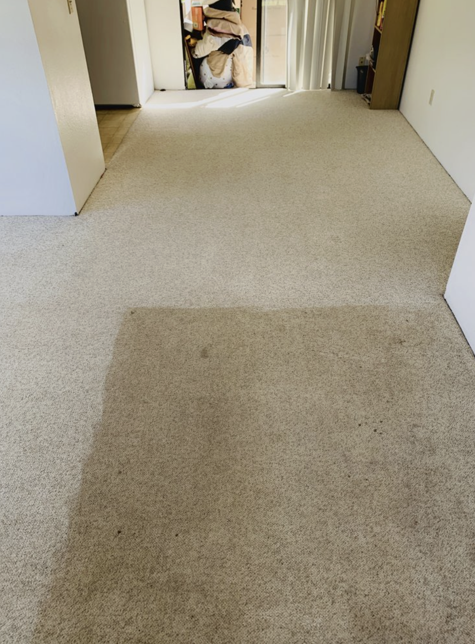 A beige carpeted room with a darker stained patch in the foreground. At the back, an open door reveals a cluttered space with piled clothes, and the sliding door of a balcony or patio area is open, allowing natural light into the room.