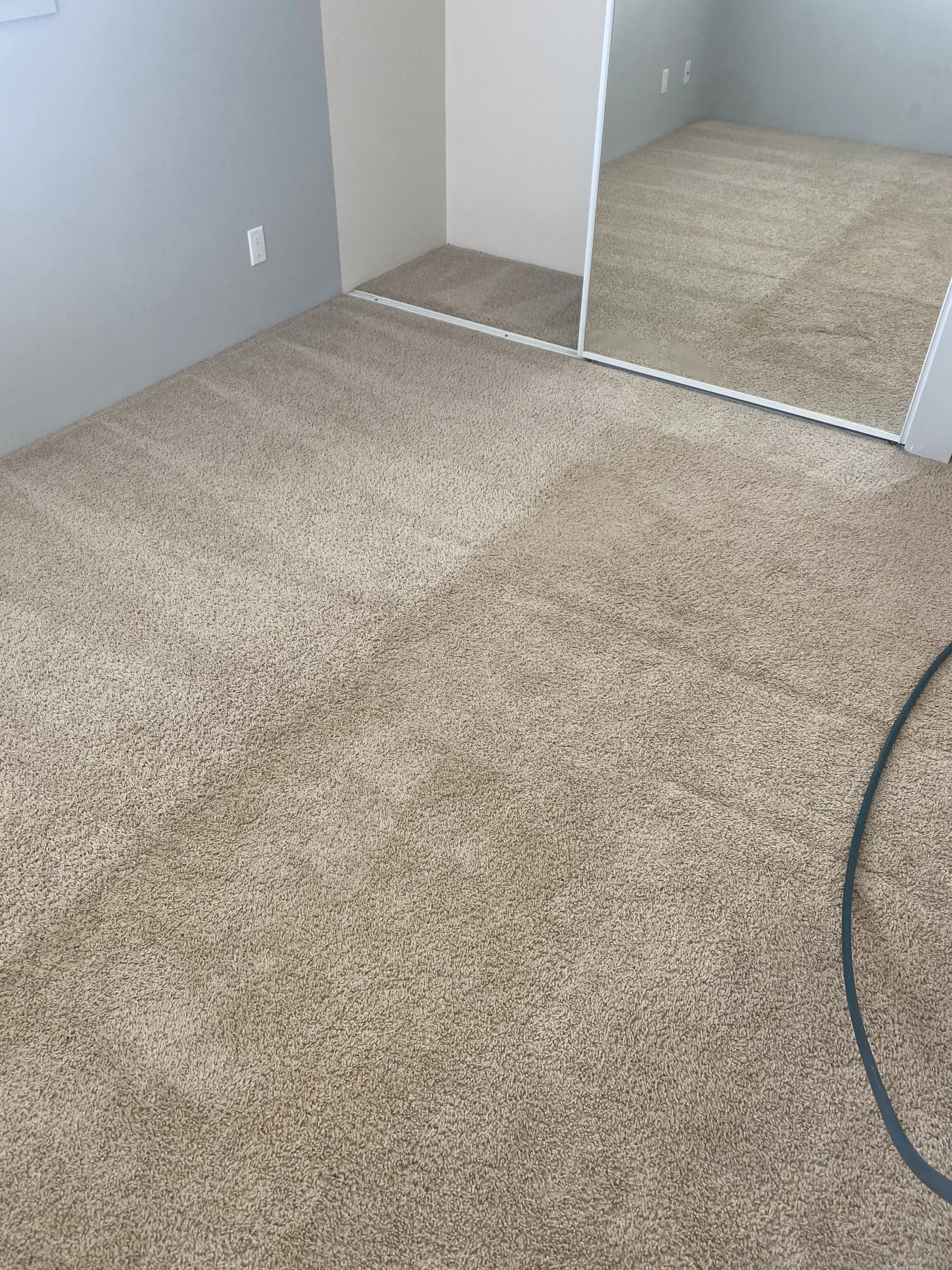 A beige carpeted room with a sliding door closet and a gray wall with electrical outlets.