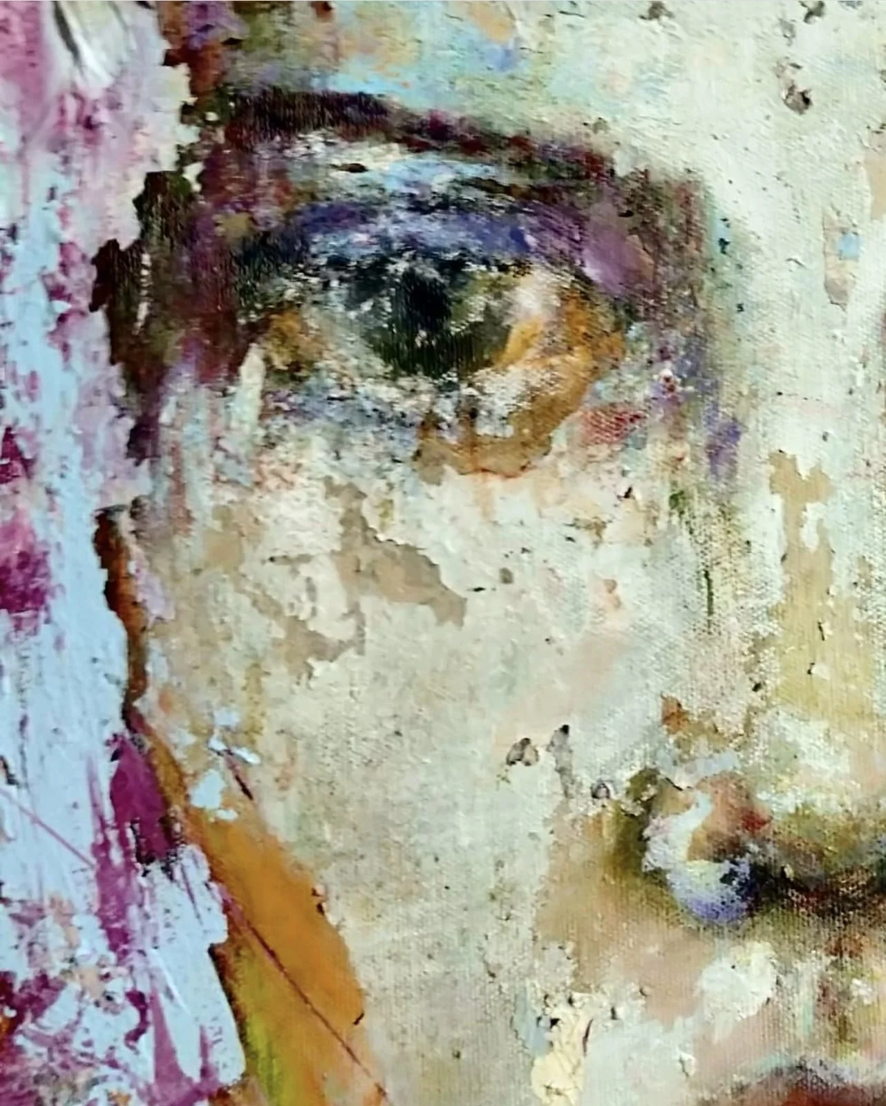 Close-up of a textured painting of a human eye, with various colors and abstract elements surrounding it.