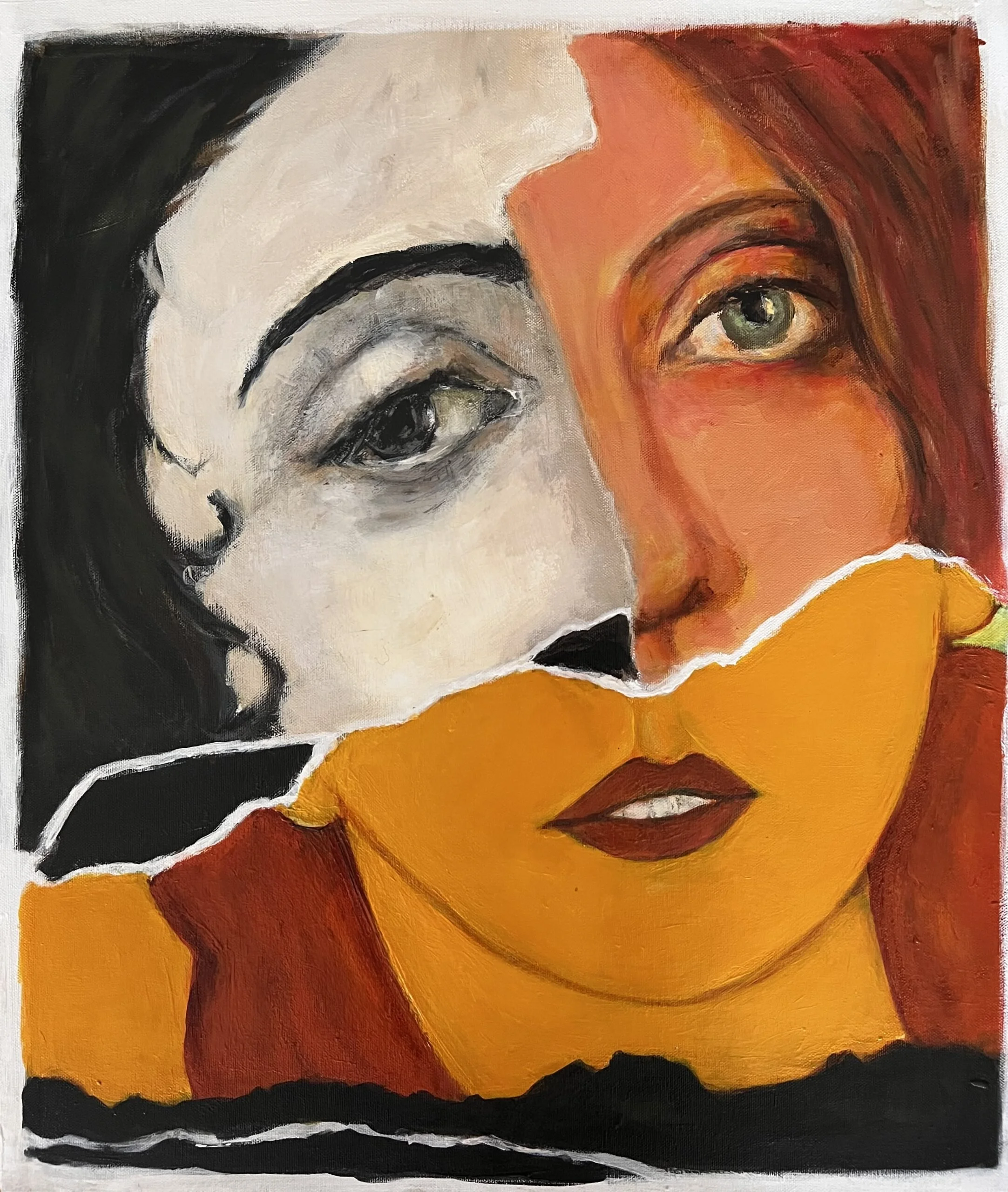 A mixed media artwork blending a black-and-white portrait of a woman with a colorful, abstract representation of the same woman's face, featuring prominent eyes, lips, and an orange and red color palette.