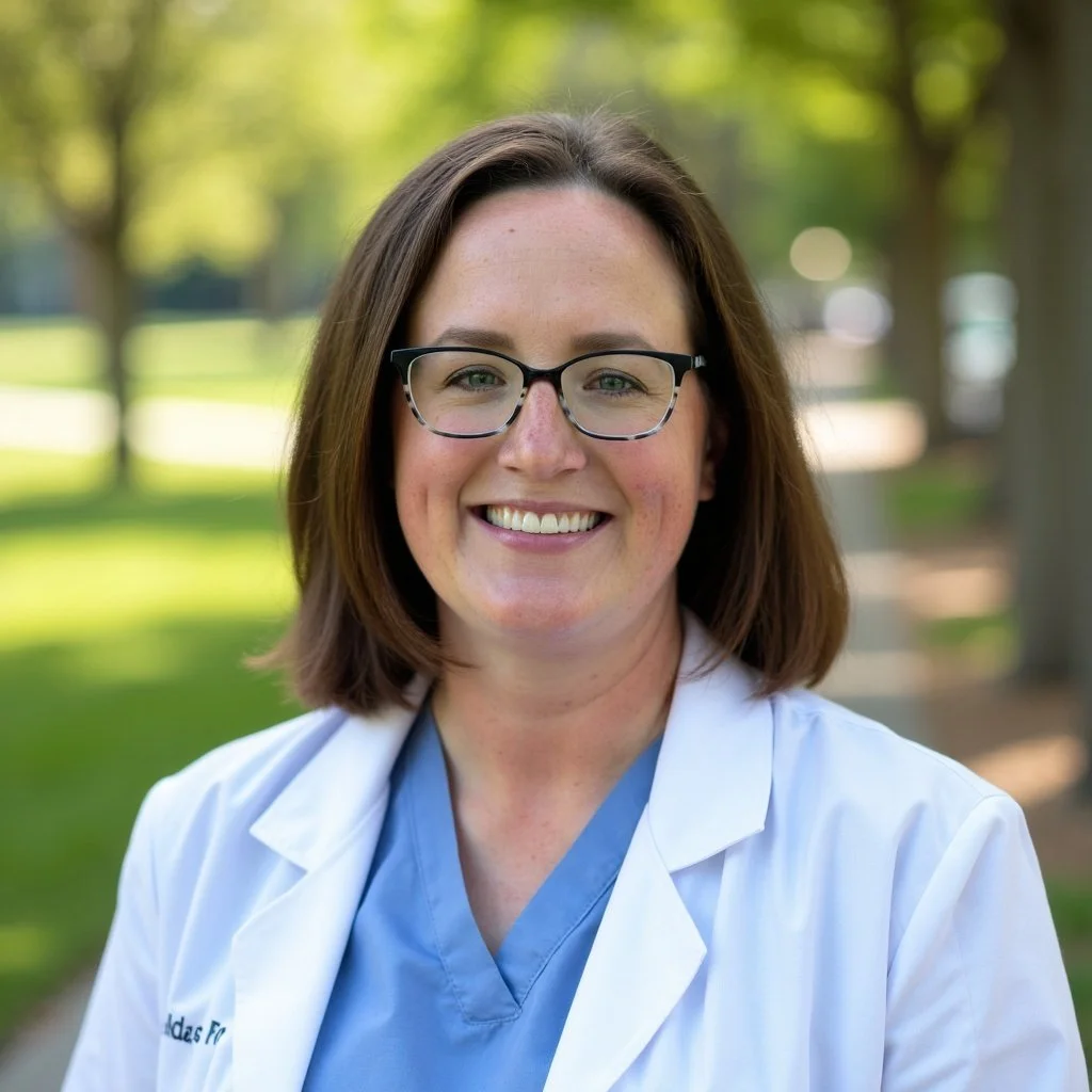 A smiling woman with shoulder-length brown hair and glasses wearing a white medical coat outdoors in a park with green trees in the background.