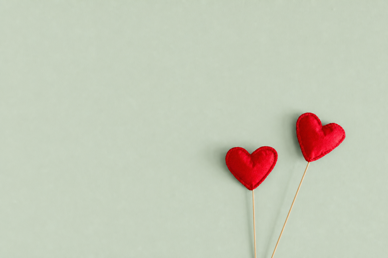 Two red plush hearts on wooden sticks against a light green background.