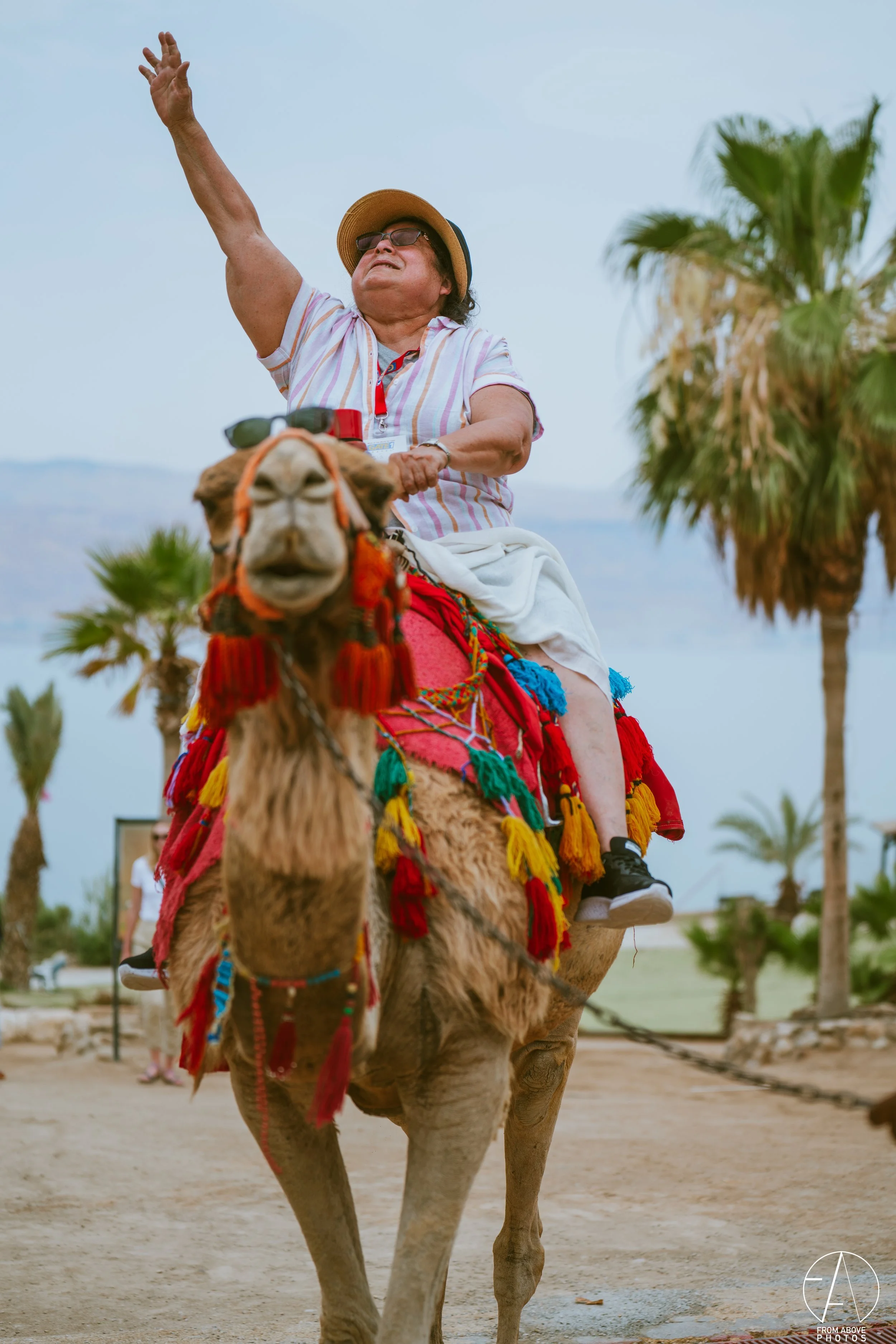 An elderly woman riding a camel decorated with colorful tassels and blankets, waving with her right hand, wearing sunglasses, a wide-brimmed hat, and casual clothing, with palm trees and a cloudy sky in the background.